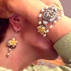 OOAK Vintage Victorian Nouveau Bracelet Earrings Set *Yellow Floral/Silver/Pearl